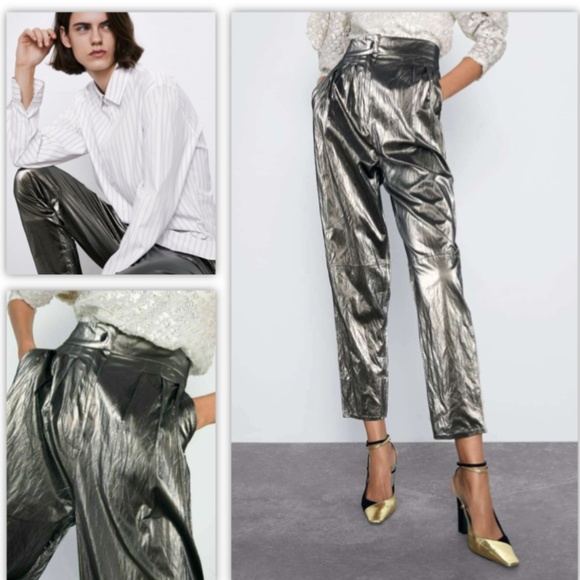 Zara Wrinkled-effect Metallic Trousers NWT - Picture 2 of 12